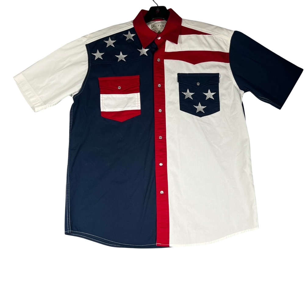 Roper Mens American Flag Western Snap Shirt Short Sleeve Stars Stripes Red M